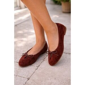 Zara Suede Leather Ballet Flats Brown Bow Slip On Size 36 Women